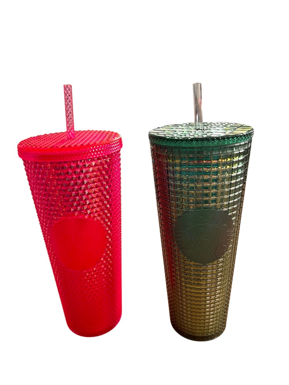 Starbucks 24 Oz Cold Cups Duo— Neon Pink Studded & Emerald Green Rainforest Grid